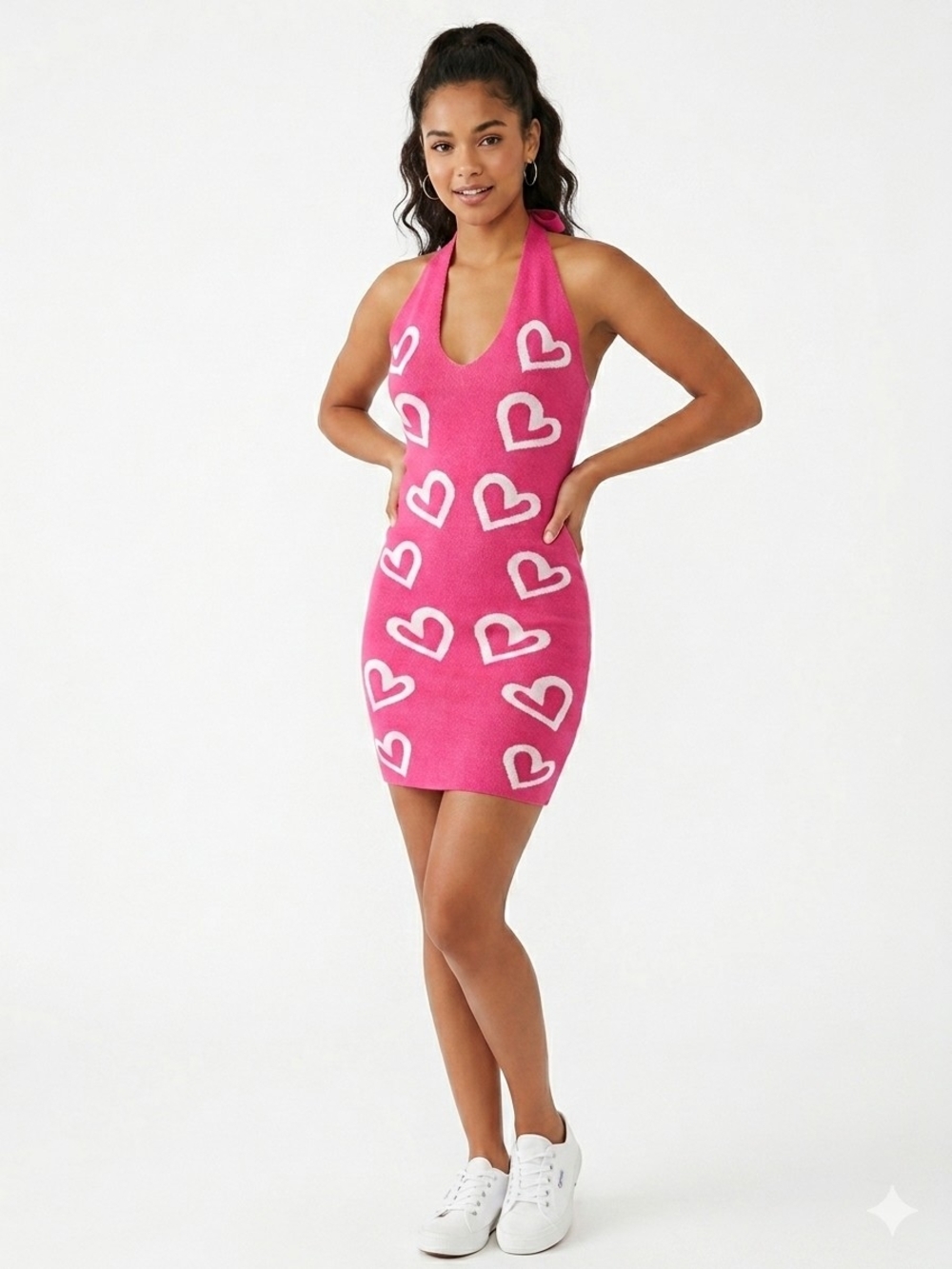 Cherry Mellow Pink Heart Halter Knit Bodycon Mini Dress Size Large Y2K Style